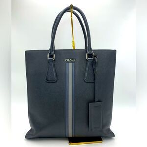 Auth Prada Black Saffiano Leather Web Blue Gray Stripe Travel Tote Preloved